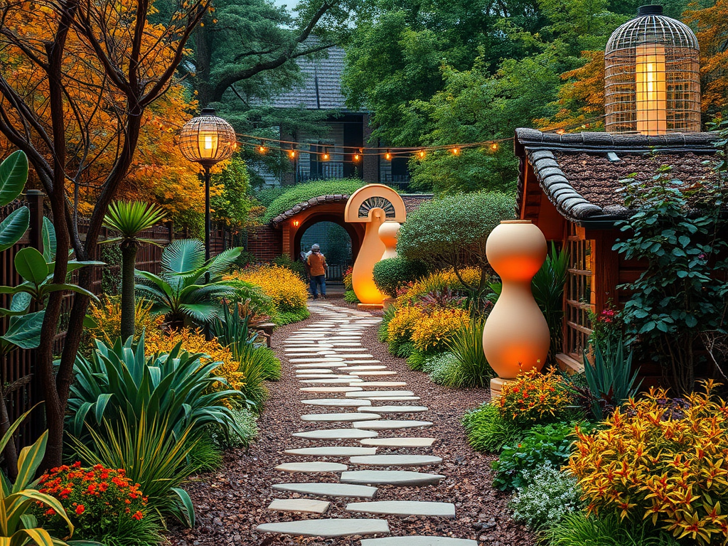 Светлый сад с мощеными дорожками, яркими цветами и фигурами для освещения, создающими атмосферу уюта.