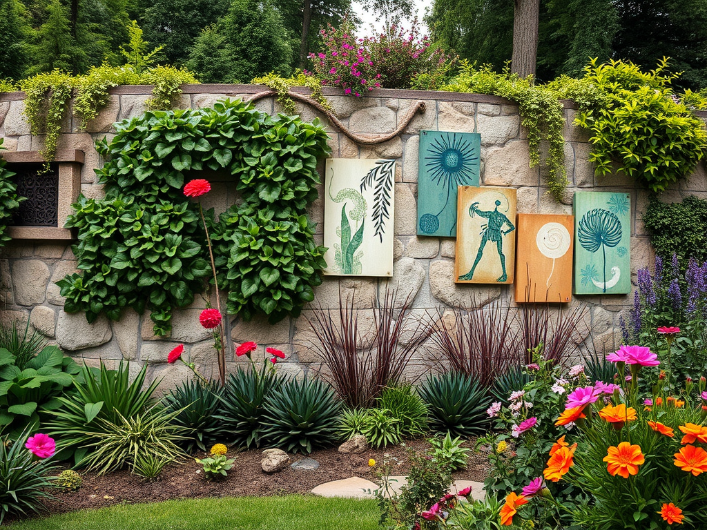 На стене изображены картины, рядом цветы и зелень, создающие красивый сад.