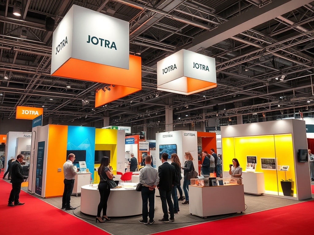 Выставочный стенд компании JOTRA с яркими элементами и посетителями на мероприятии.