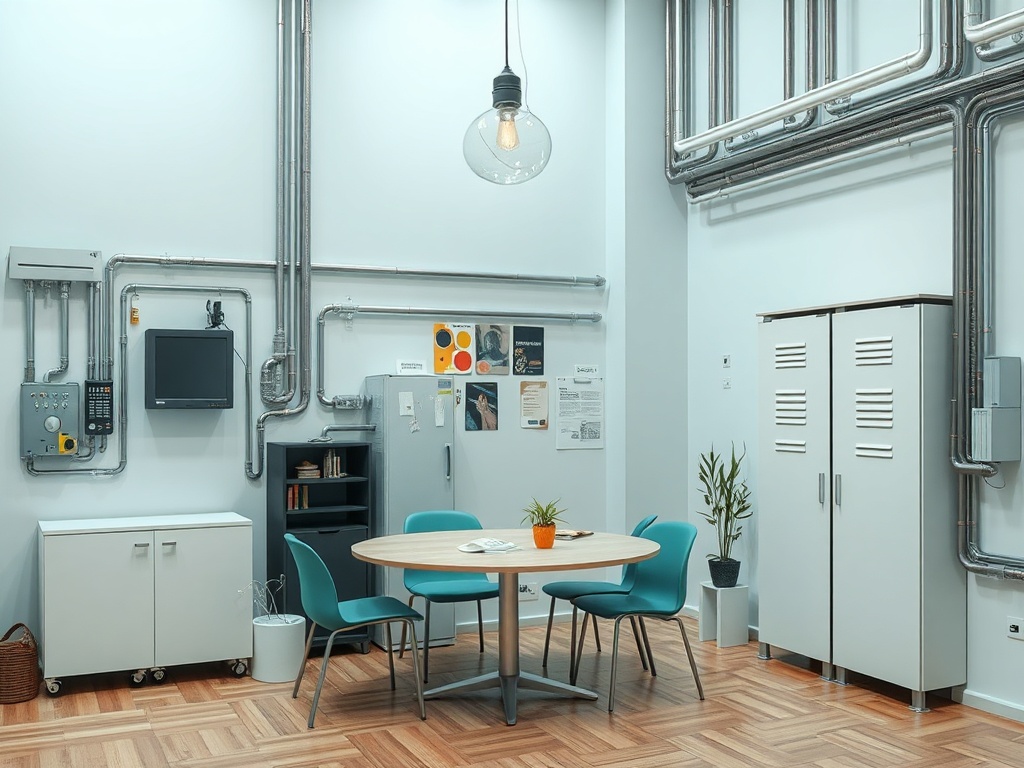 Современный офис с круглым столом, стульями и техникой на стенах. Пространство с простым дизайном.