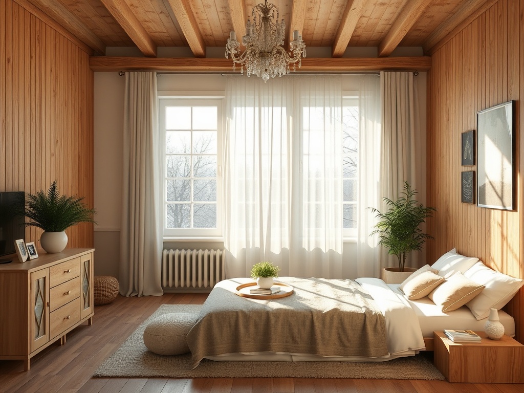 Современная спальня с деревянными стенами, мягкими текстурами и большими окнами, наполняющими пространство светом.