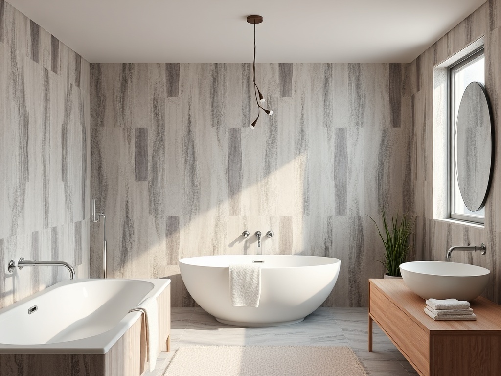 Современная ванная комната с белыми ваннами, деревянной мебелью и большими окнами, пропускающими свет.