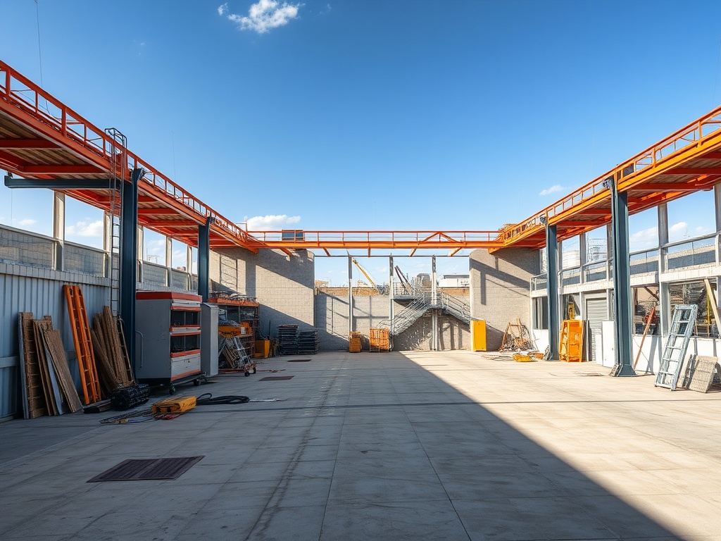 Просторное помещение с высотой потолка, строительными материалами и солнечным светом. Оранжевые конструкции сверху.