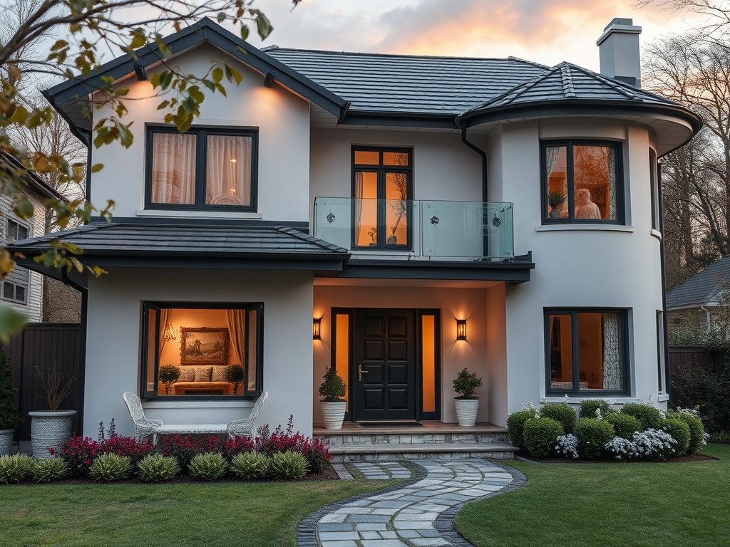 Современный дом с белой фасадной отделкой, растениями и уютным освещением на фоне заката.