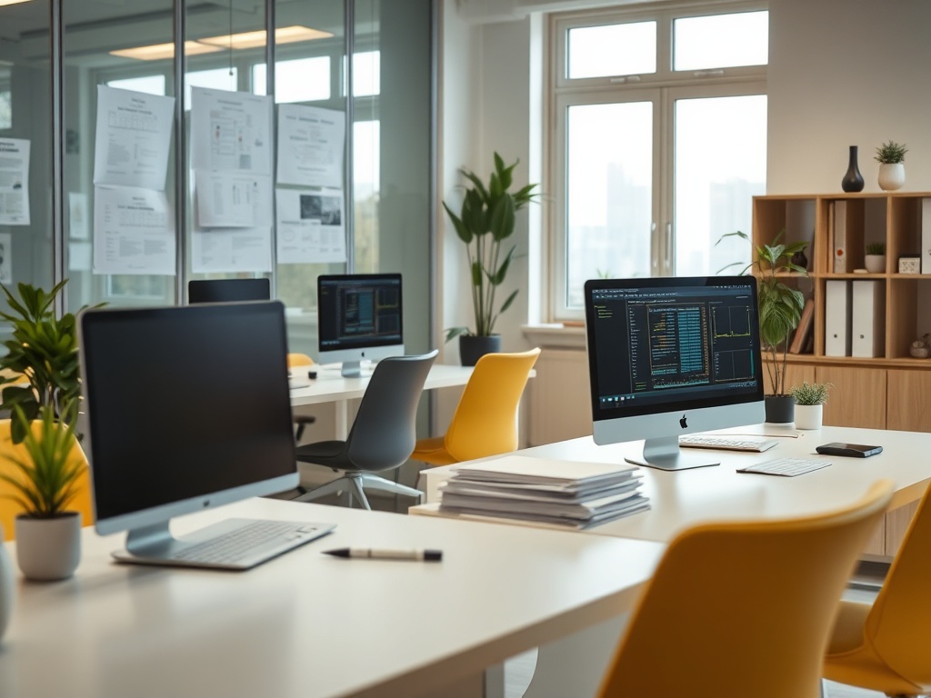 Современный офис с компьютерами, растениями и документацией на стенах у окна. Стильный и светлый.
