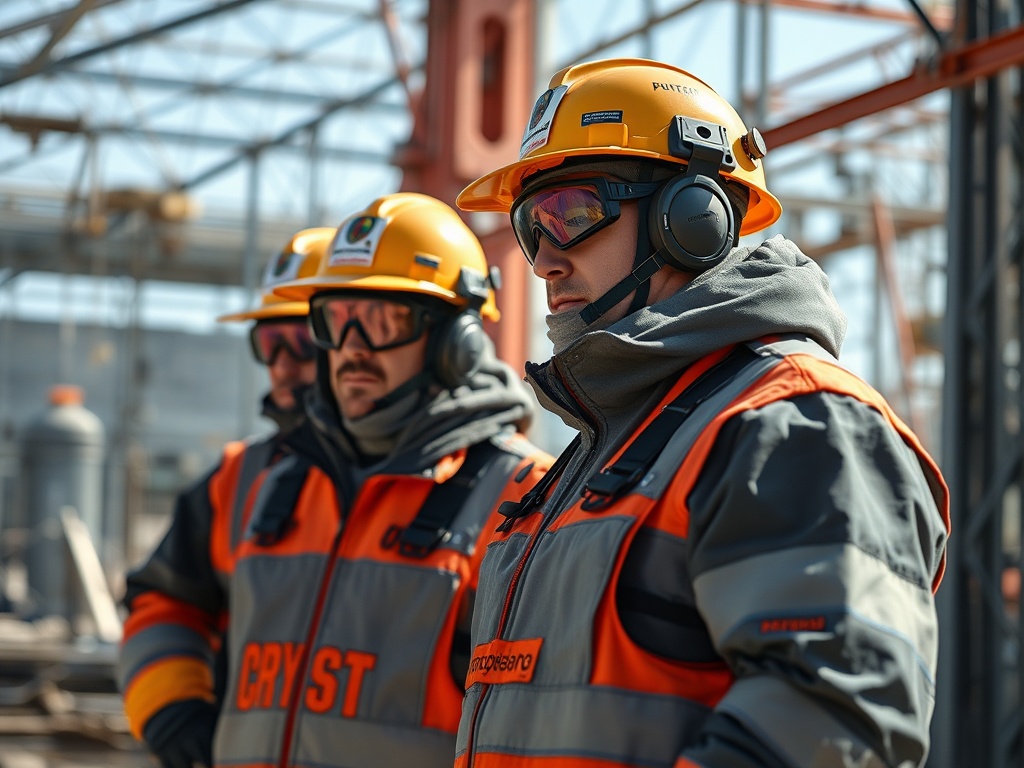 Рабочие в касках и защитной одежде на строительной площадке, слушающие инструкции.