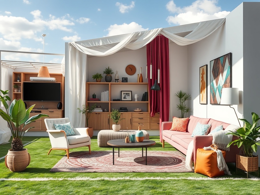 Современная гостиная с мягкой мебелью, зелеными растениями и яркими акцентами в интерьере.