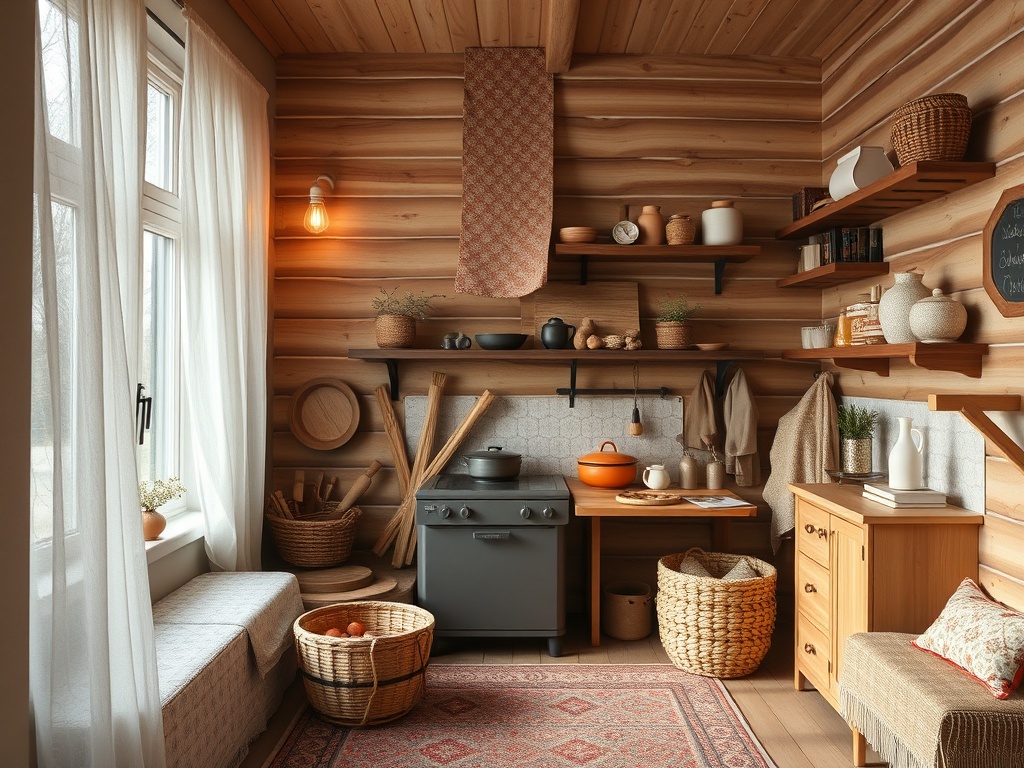 Уютная кухня в деревянном доме, с полками, плитой и предметами для готовки. Мягкий свет и мягкие ткани.