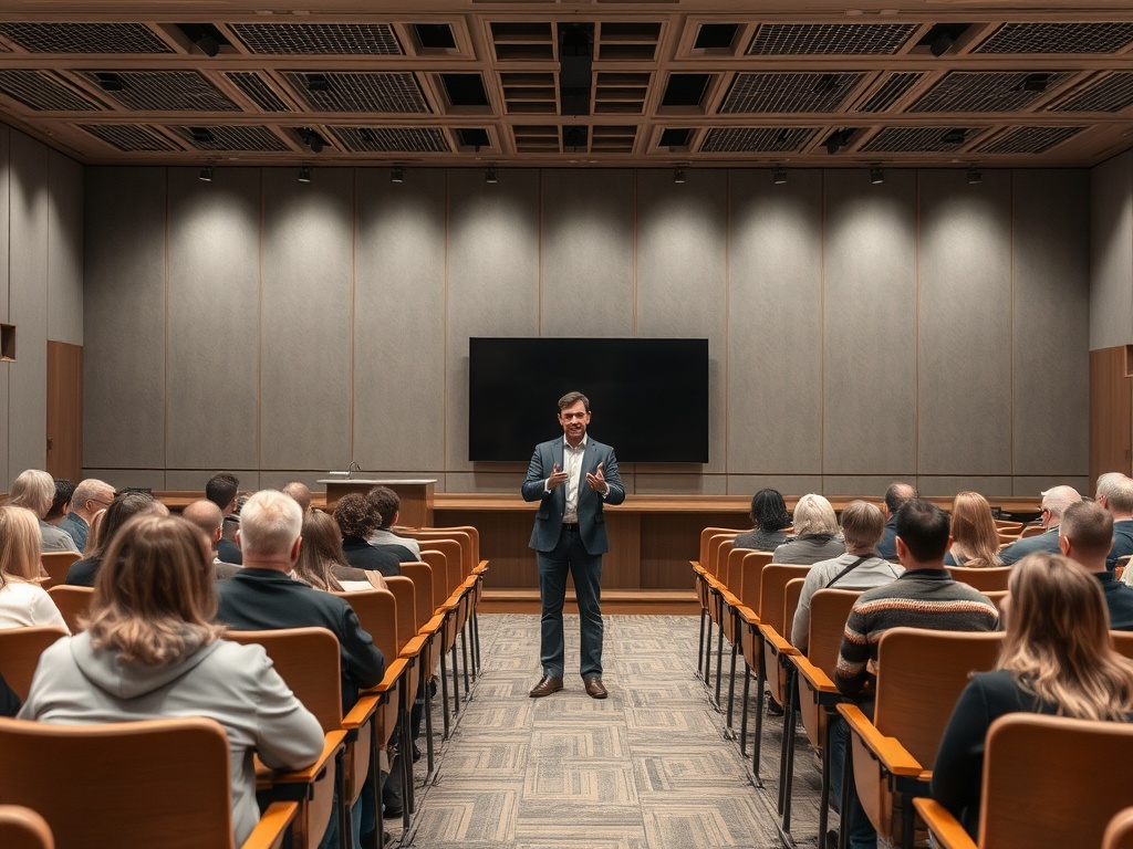 На мероприятии человек выступает перед аудиторией в зале с сидячими местами и экраном.