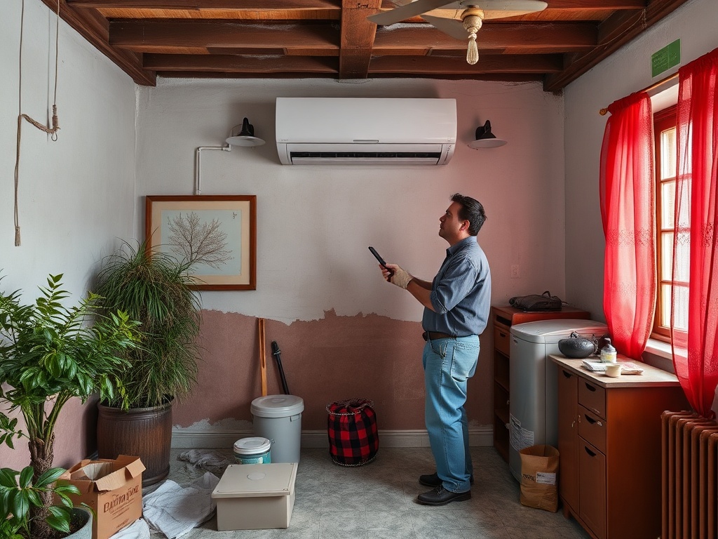 Мужчина с пультом стоит в комнате с некоторыми коммунальными работами и растениями в горшках.