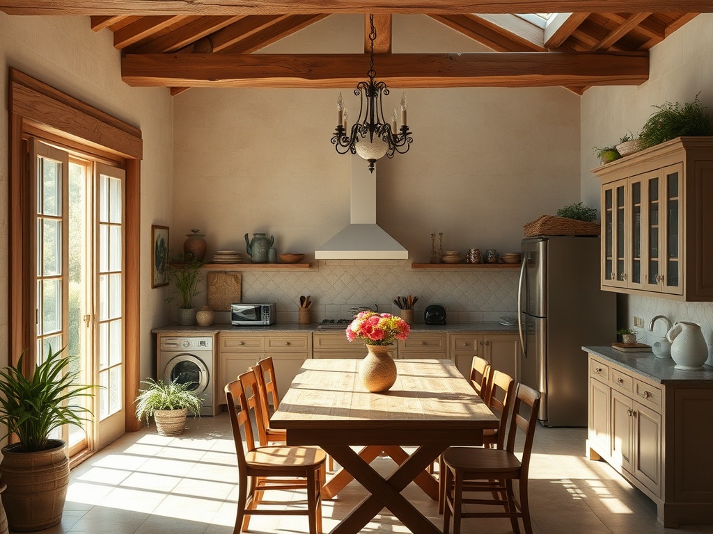 Светлая кухня с деревянными деталями, большим столом и цветами в вазе, окнами к улице и уютной атмосферой.