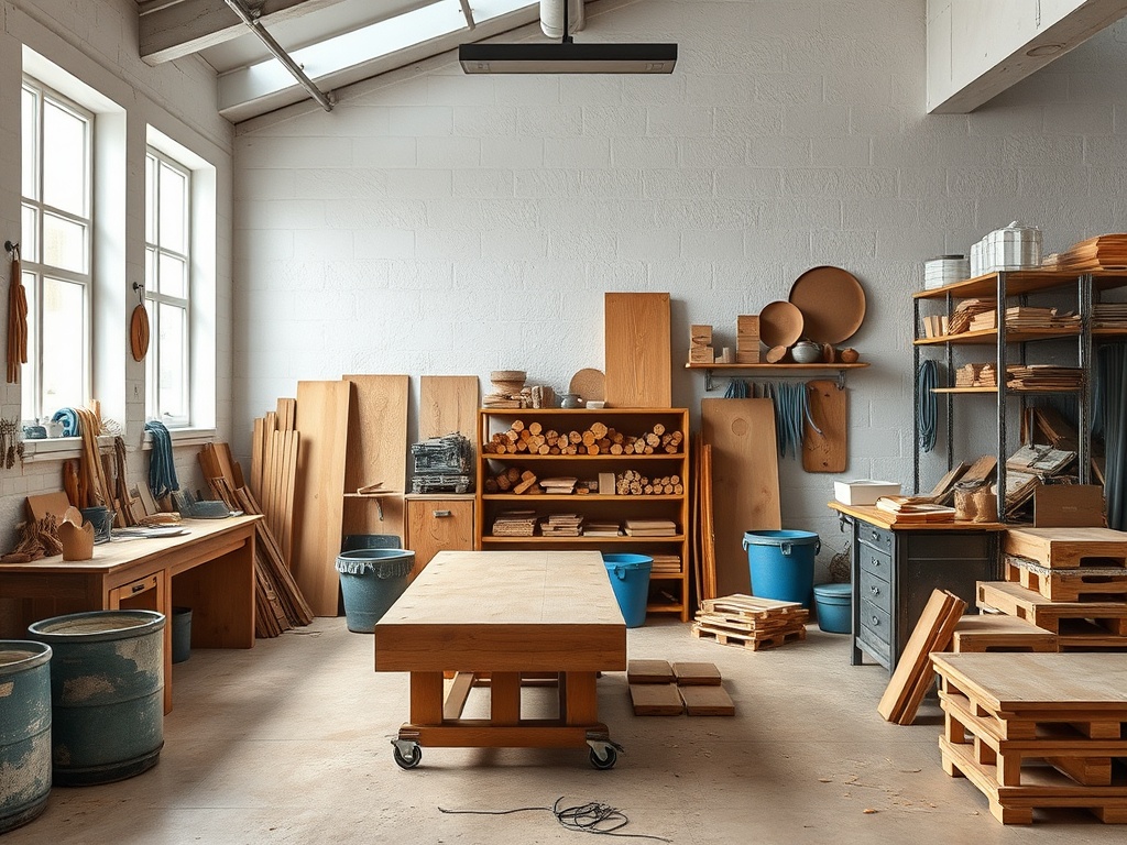 Деревообрабатыва workshop с деревянными заготовками, инструментами и стеллажами для хранения.