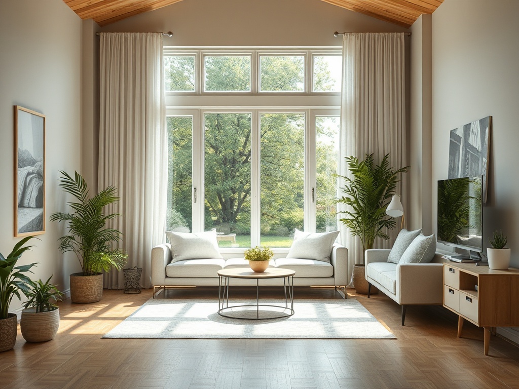 Светлая гостиная с большими окнами, мягкой мебелью и зелеными растениями, создающая уютную атмосферу.