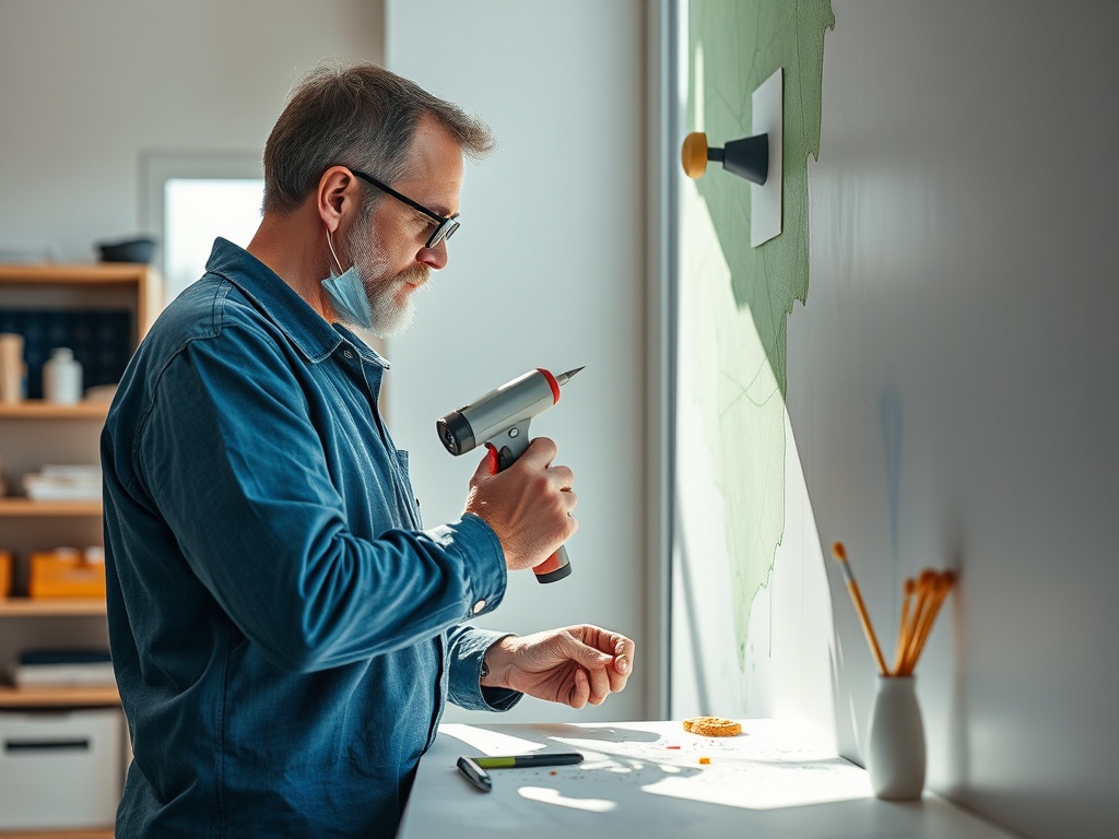 Мужчина с инструментом выполняет работы по ремонту в комнате с бумажной стеной и канцелярскими принадлежностями.