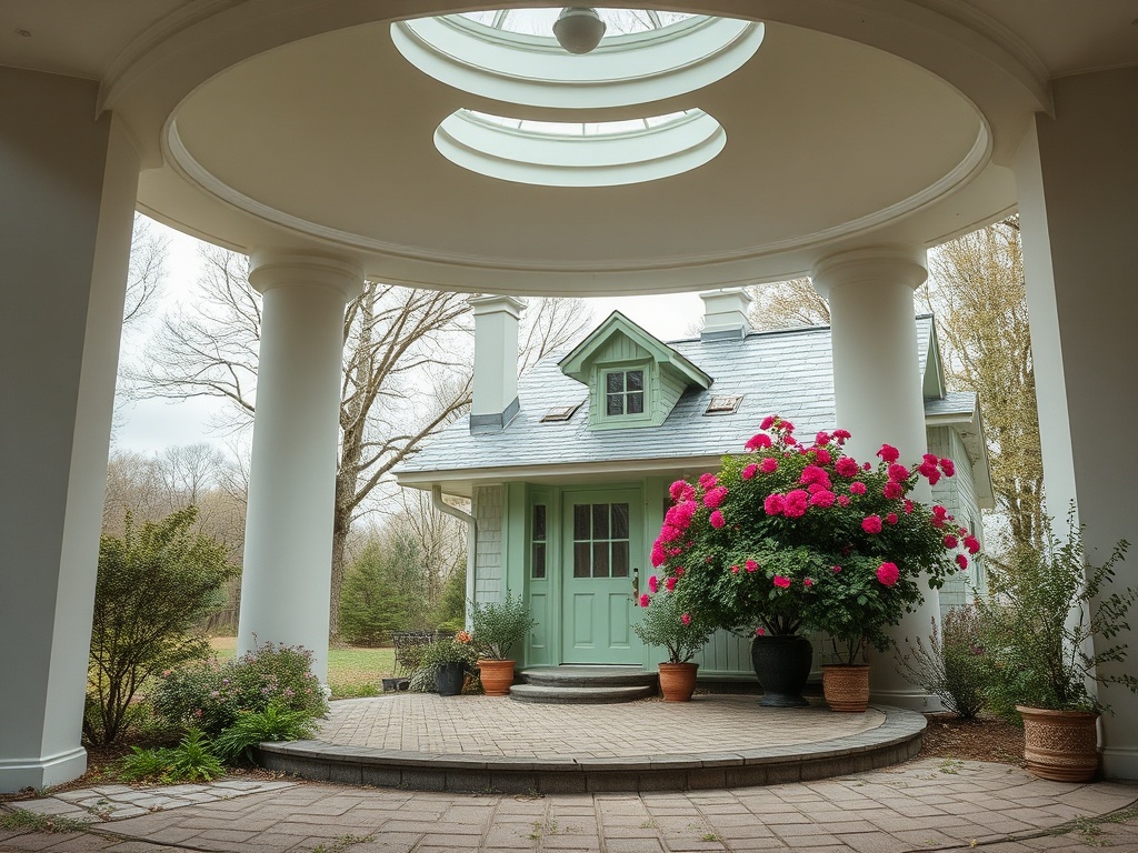 Уютный дом с зелеными дверями и цветами у входа, окруженный большими колоннами и крышей с окнами.