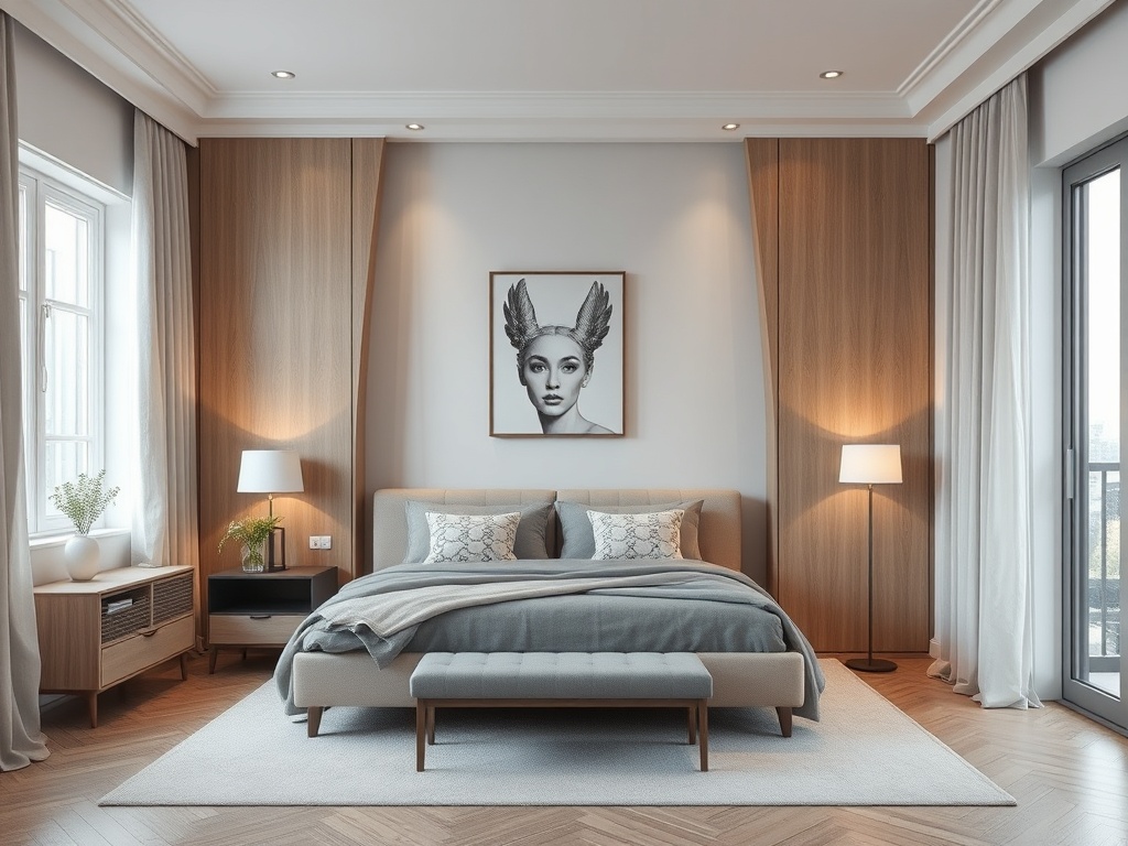 Современная спальня с двуспальной кроватью, картина на стене и уютной мебелью. Светлое и стильное оформление.