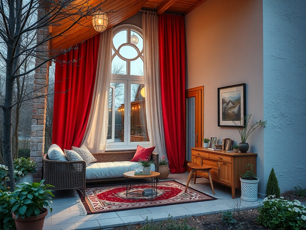 Уютный уголок с диваном, столиком и растениями. Красные занавески создают теплую атмосферу.