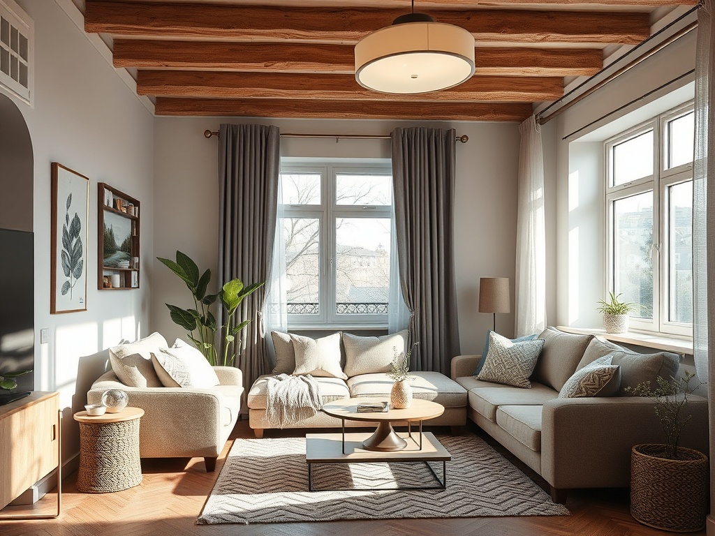 Светлая гостиная с большими окнами, мягкой мебелью и декором в скандинавском стиле.