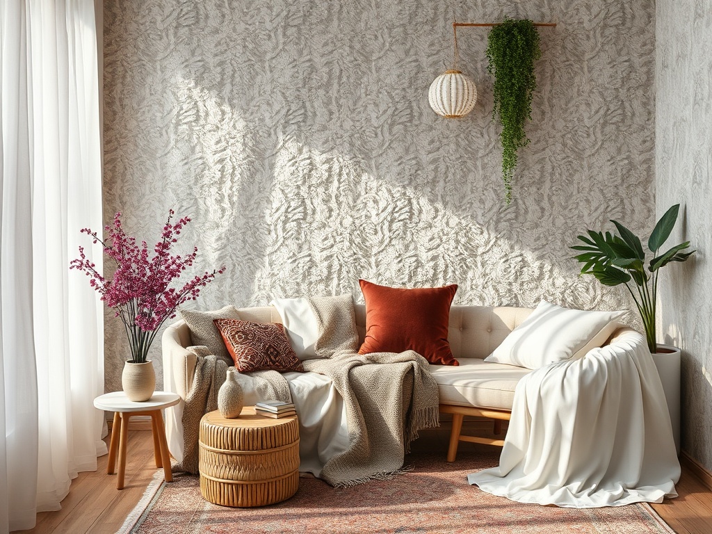 Уютная гостиная с диваном, подушками, растениями и цветами на столе, залитая мягким светом.