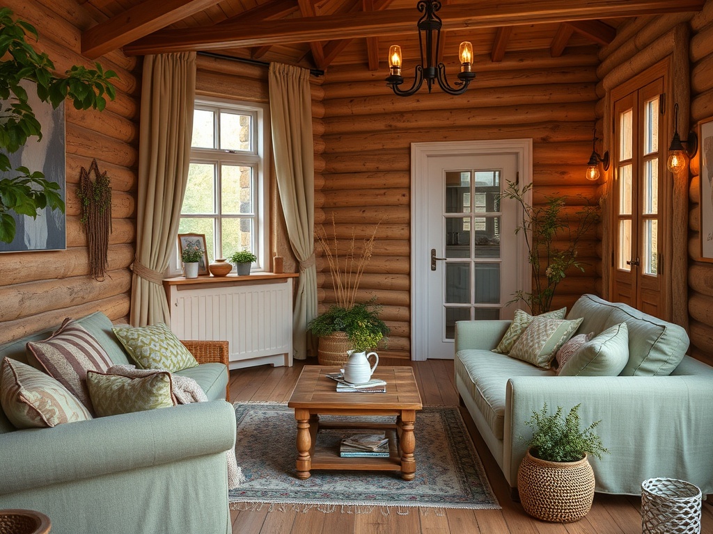 Уютная комната с деревянными стенами, диванами и полками с растениями, светлая и приветливая атмосфера.
