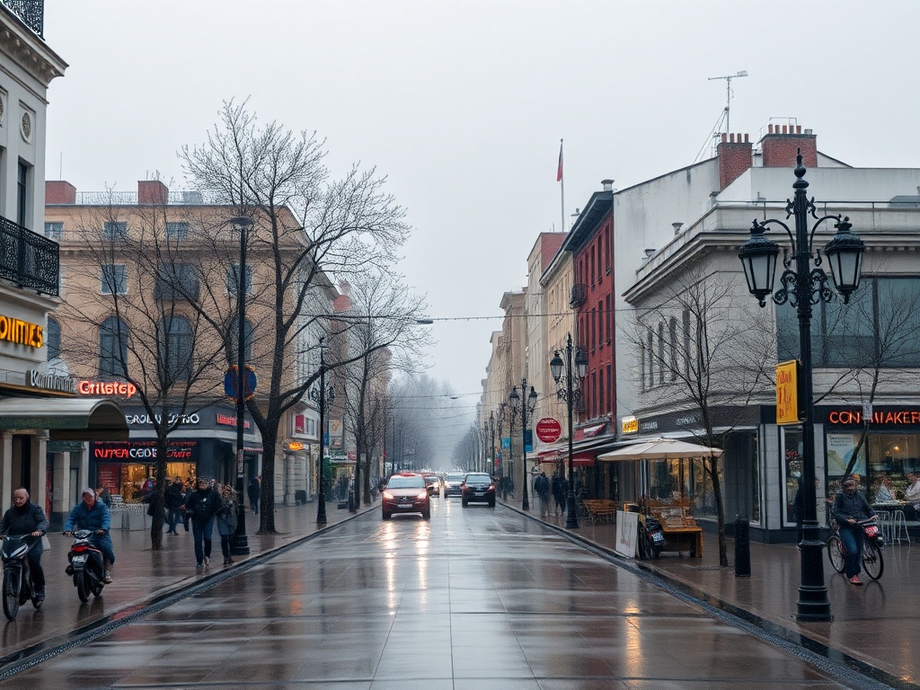 Улица с магазинчиками и кафе, дождь, пешеходы и велосипедисты на тротуаре. Мрачная погода.