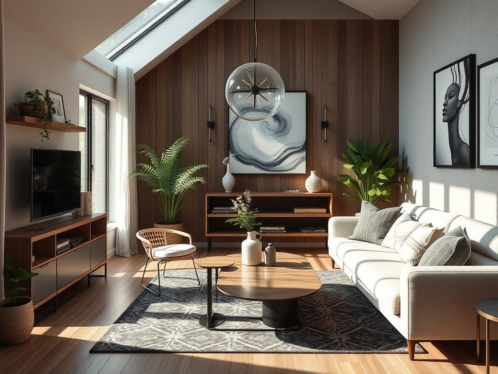 Светлая гостиная с деревянными стенами, уютным диваном и стильными акцентами, зелеными растениями и украшениями.