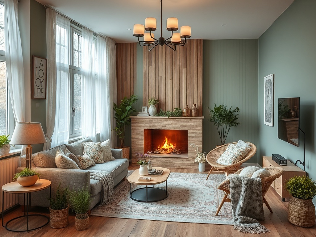 Современная гостиная с камином, мягкой мебелью и зелёными растениями. Тёплая атмосфера и уютный интерьер.