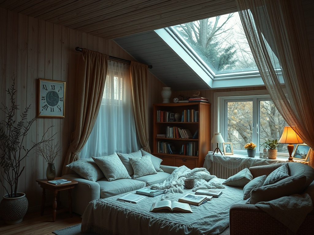 Уютная комната с книжными полками, диваном и большим окном, через которое виден сад за пределами дома.