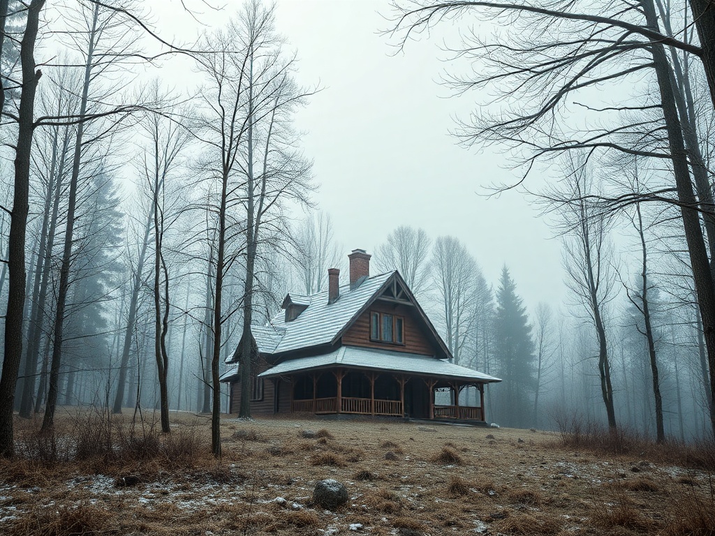 Снежный домик среди деревьев в туманной зимней лесной местности. Мягкий свет и спокойная атмосфера.