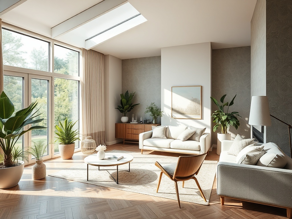 Светлая гостиная с большими окнами, зелеными растениями и уютной мебелью в современном стиле.