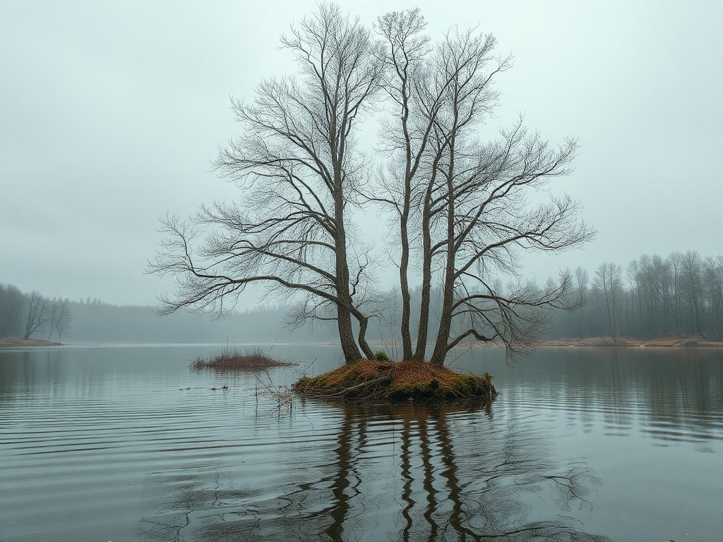Туманный пейзаж с изолированным островком и деревьями на фоне спокойной воды. Снимок создает атмосферу уединения.