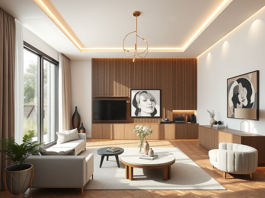 Современная гостиная с большим окном, уютной мебелью и изысканным декором на стенах.