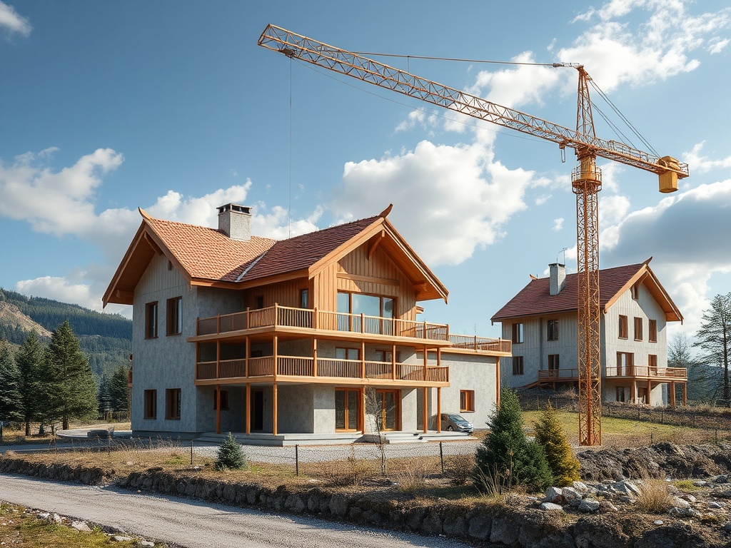 На изображении два дома в строительстве с краном на фоне ясного неба и зеленых деревьев.