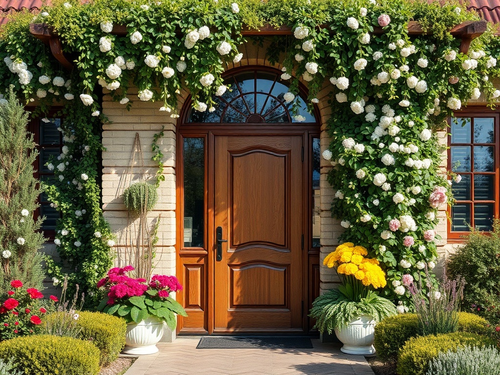 На изображении красивая входная дверь, окруженная цветами и зеленью, под солнечным светом.