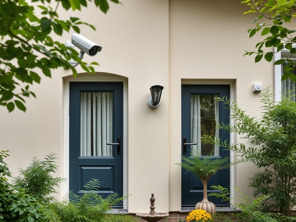 Два входные двери с темно-синими рамами, вокруг зелень и камеры наблюдения. Освещение над дверями.