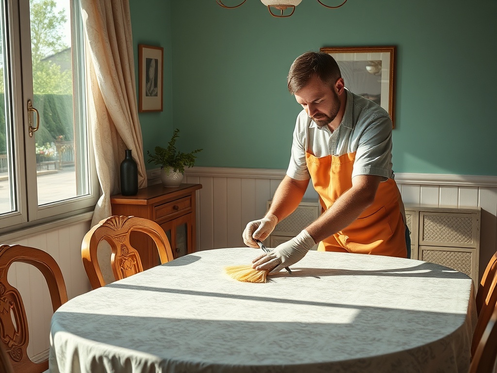 Мужчина в перчатках убирает стол с белой скатертью в солнечном доме с зелеными стенами.