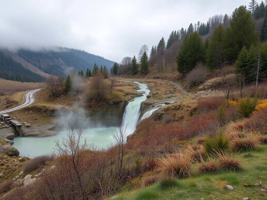 Спокойный водопад на фоне туманных гор, окружающих живописное русло реки и осенние растения.