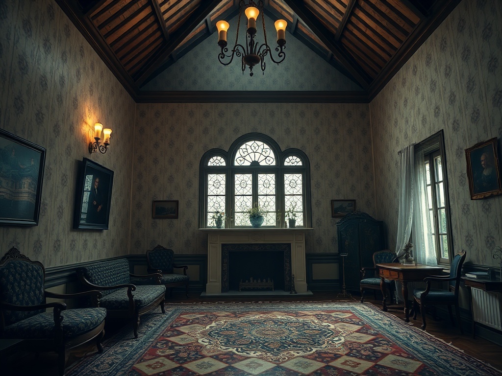 Уютная комната с высокими потолками, antique меблировкой и витражными окнами, украшенная картинами.