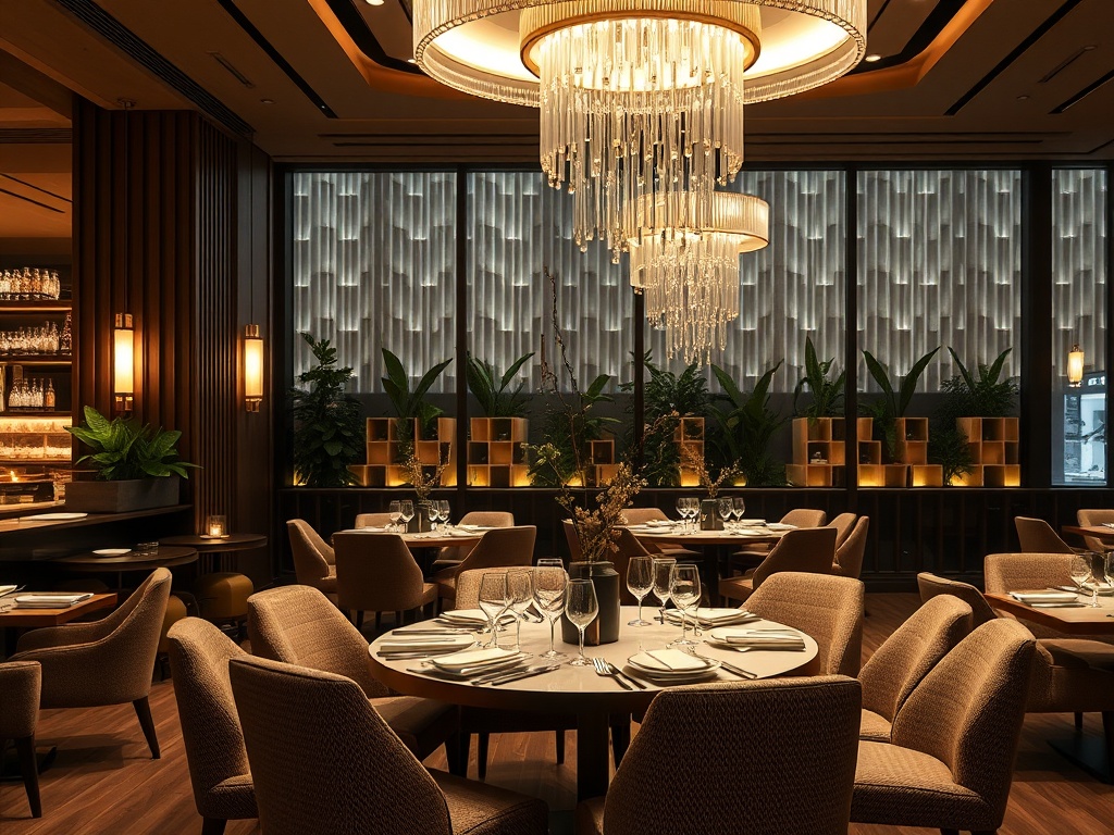 Элегантный ресторан с уютной атмосферой, круглые столы, стильные кресла и красивые люстры.