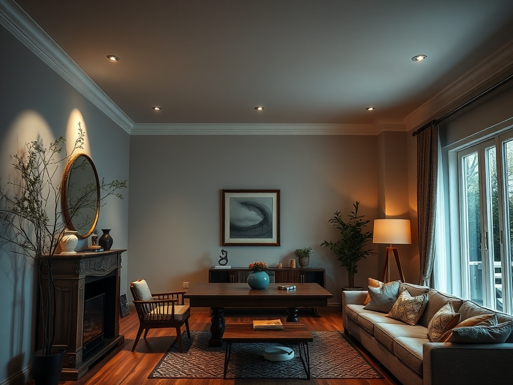 Светлая гостиная с удобным диваном, кофейным столиком и современным декором на стенах и окнах.