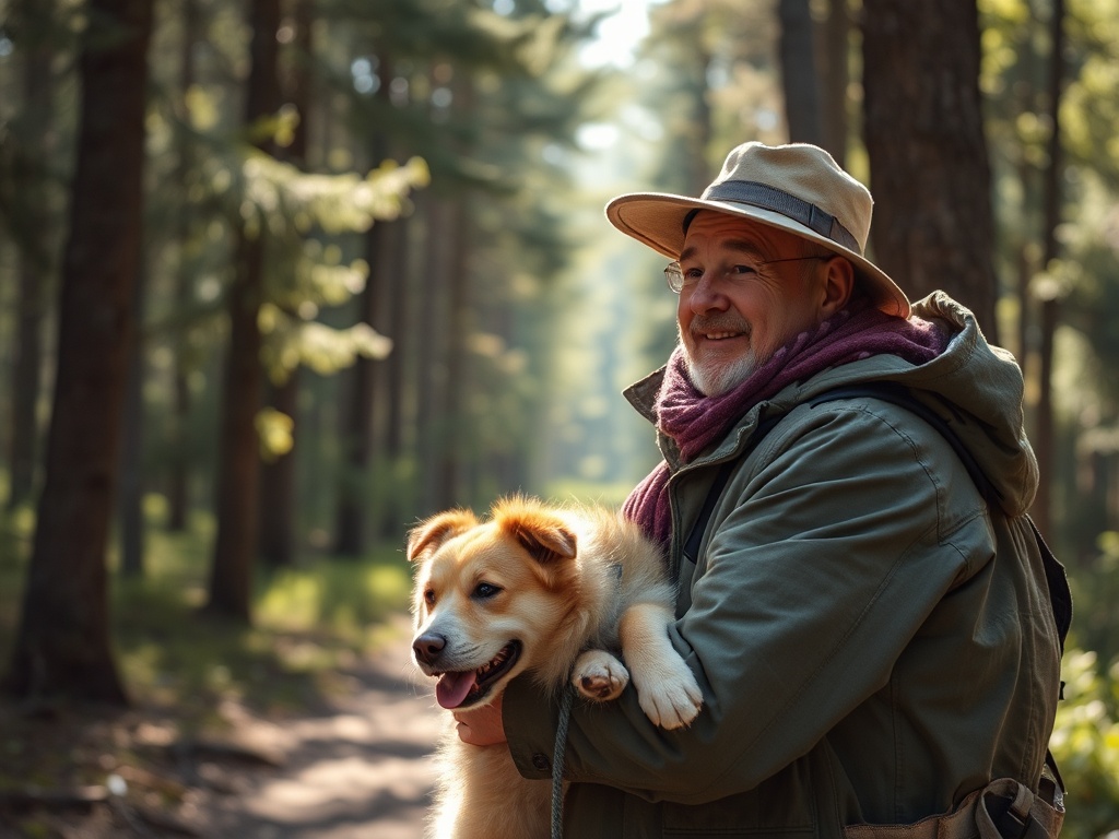 Мужчина с улыбкой держит собаку на руках, прогуливаясь по лесу в солнечный день.