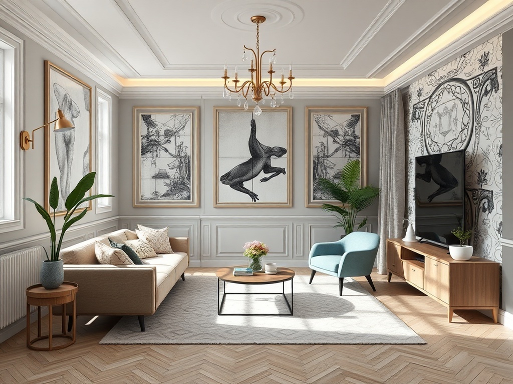 Современная гостиная с светлыми стенами, элегантной мебелью и художественными работами на стенах.