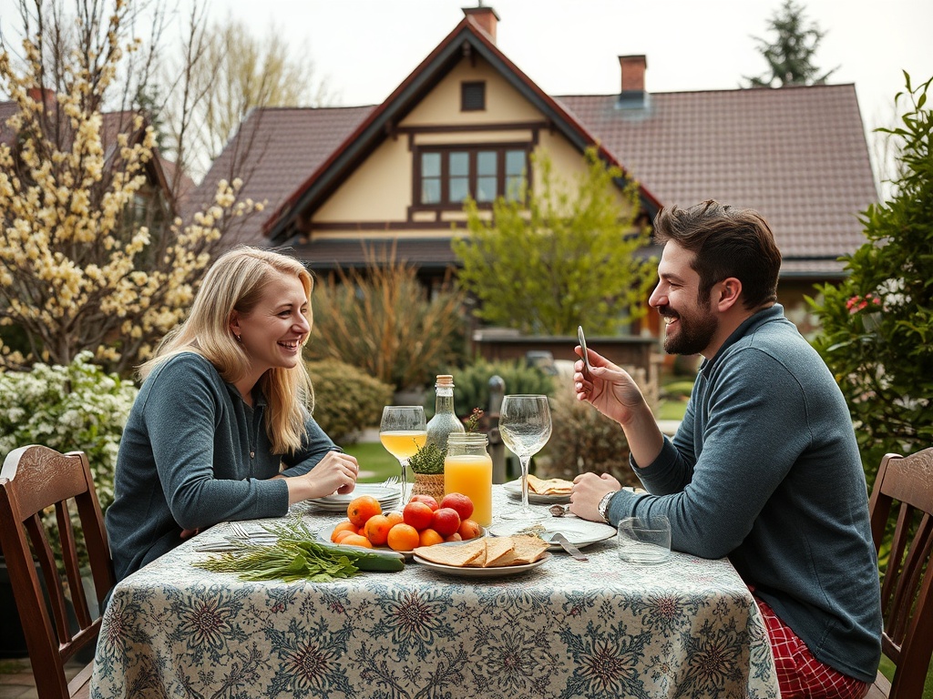 На столе сезонные фрукты и напитки, пара весело общается на природе возле дома.