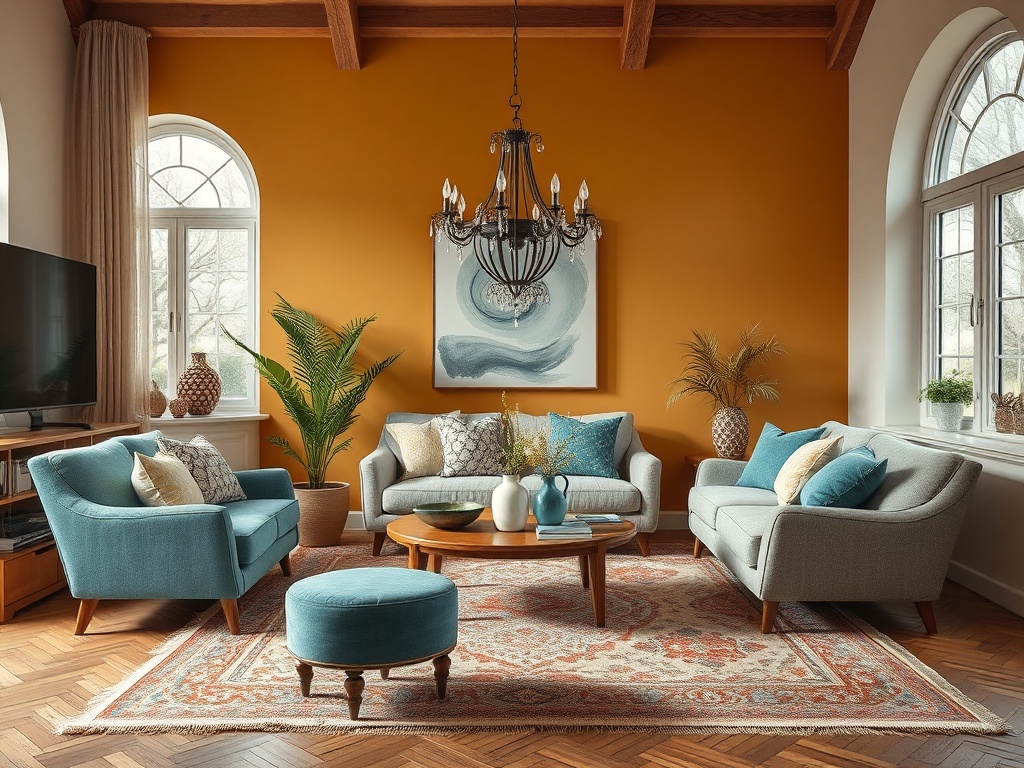 Уютная гостиная с оранжевой стеной, современными диванами, большим ковром и стильной люстрой.