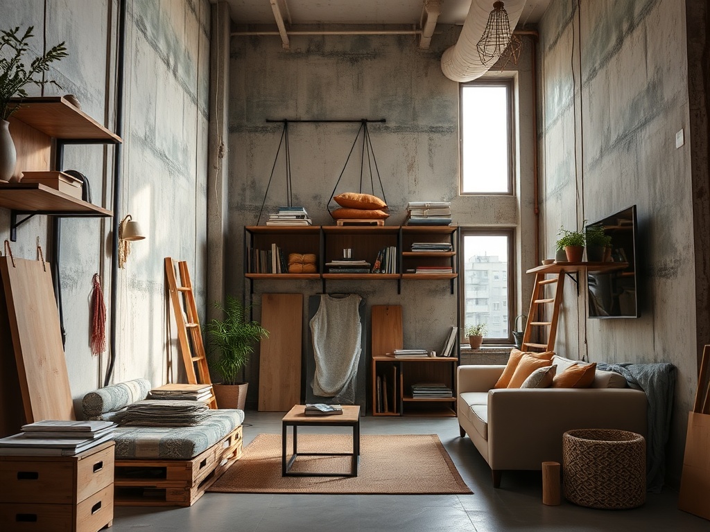 Современная гостиная с бетонными стенами, мягкой мебелью и деревянными полками, наполненными книгами и декором.